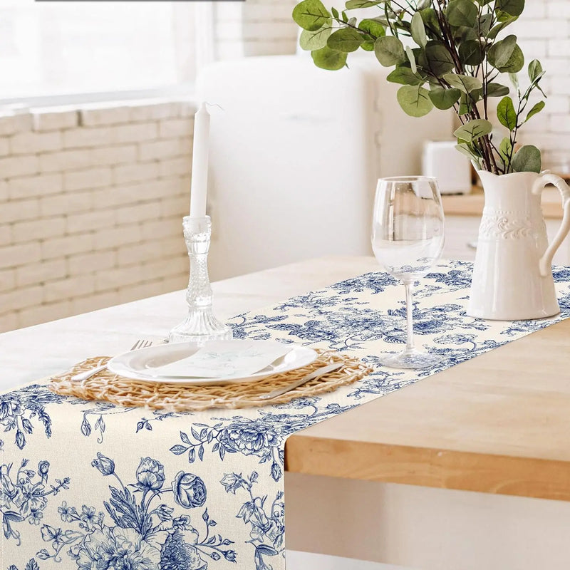 LinoBloom | Tischläufer Leinen | Chinoiserie Blau-Blumen Design | Waschbar & Wiederverwendbar | 150/180/200 × 33 cm