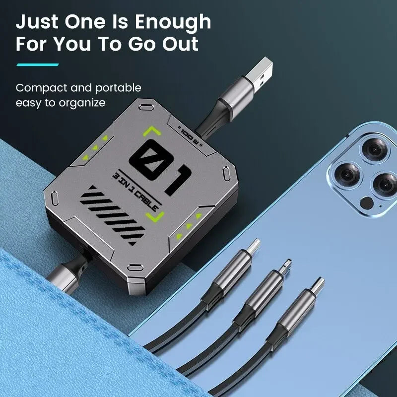 3-in-1 Ladekabel | Schnellladung 100W | Ausziehbar & Universell | FlexiCharge für iPhone, Android & USB-C