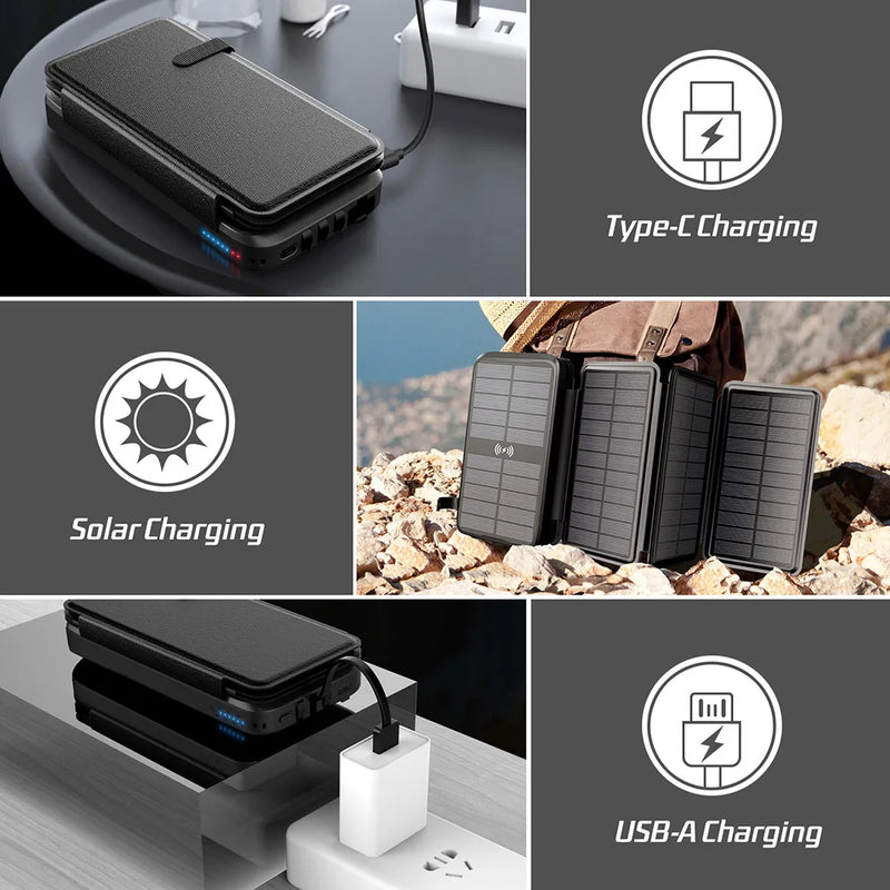 Solar Powerbank VoltCore X Pro 43800mAh | 20W Schnellladung | 10W Wireless Charging | Integrierte Kabel & LED-Lampe | Outdoor & Reisen
