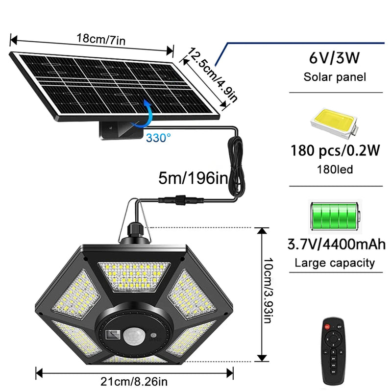 SolarHalo | 228 LED Solar Deckenlampe | 360° Lichtwinkel | Mit Fernbedienung & Bewegungsmelder | 4400mAh Akku