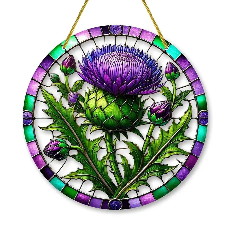 Suncatcher ThistleLight | Rundes Acryl-Fensterbild mit Distel-Motiv | 15–20 cm | Handbemalt & Lichtdurchlässig