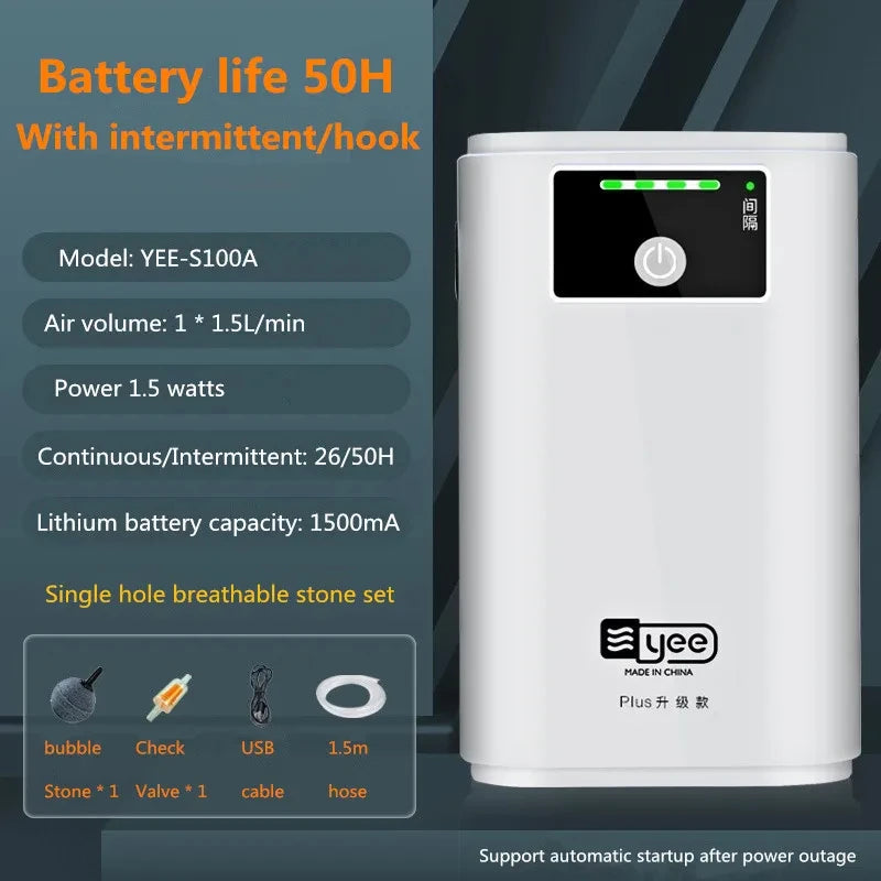 AquaLino SmartOxy Wiederaufladbare Sauerstoffpumpe für Aquarium & Outdoor | Leise Luftpumpe mit Akku & USB | Automatischer AC/DC-Wechsel & LED-Anzeige