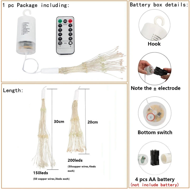 LED-Feuerwerkslichter StellaBurst | 150/200 LEDs | 8 Modi & Fernbedienung | Wasserdicht | Warmweiß, Kaltweiß, Bunt oder Blau