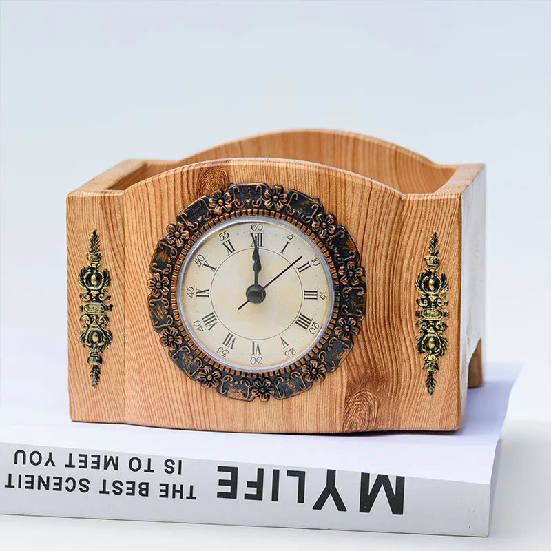 TimeBloom | Vintage Tischuhr mit Blumentopf | Kreatives Deko-Element aus Harz | Antik-Stil für Wohnzimmer