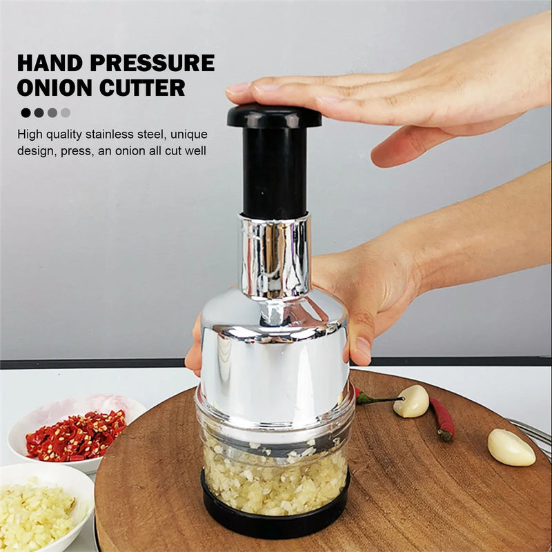SlicePress Zwiebel- & Gemüsehacker | Manuelle Küchenhilfe mit Edelstahlklingen | Für Gemüse, Nüsse, Kräuter & mehr | 22 cm