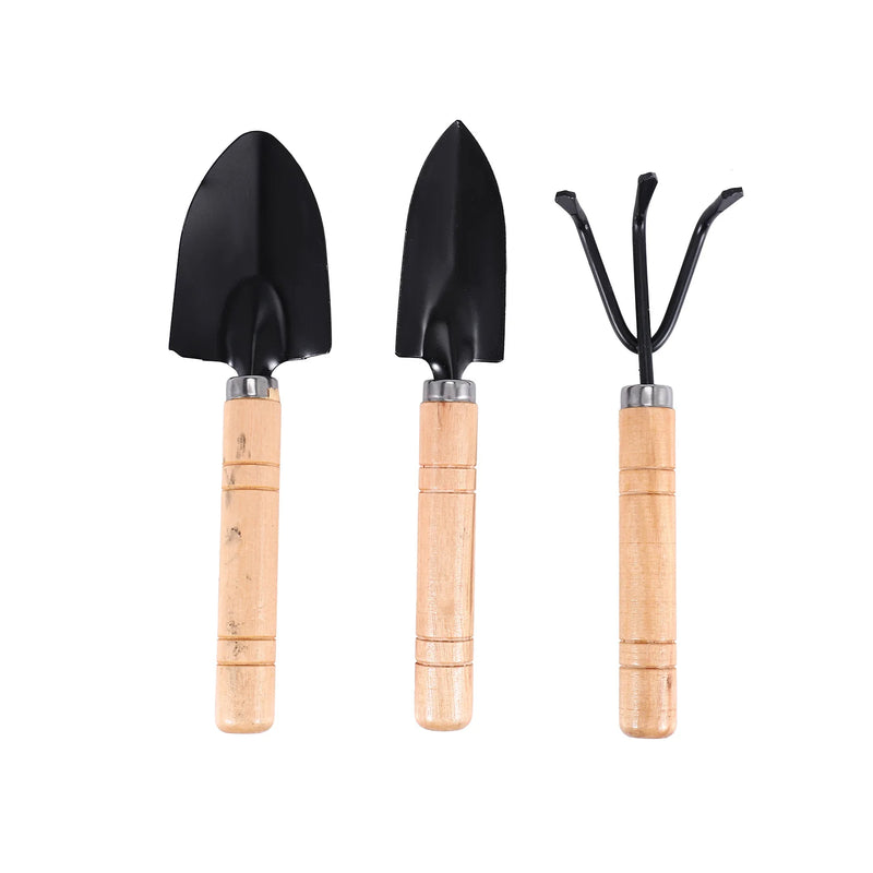 Planturio Mini Gartenwerkzeug-Set 3-teilig | Spaten, Schaufel & Rechen | Holzgriff & Metallkopf | Für Bonsai & Zimmerpflanzen
