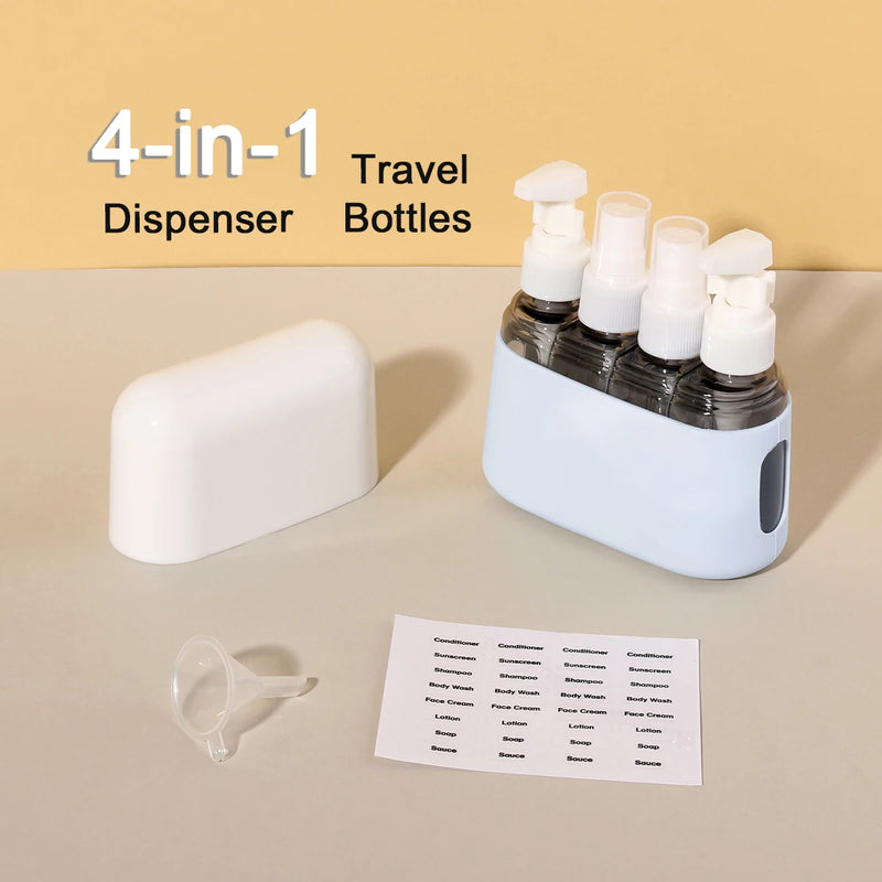 TravelEase 4-in-1 Reiseflaschen Set | Nachfüllbare 50 ml Spender & Sprühflaschen | Auslaufsicher & TSA-konform | Für Shampoo, Lotion, Desinfektion