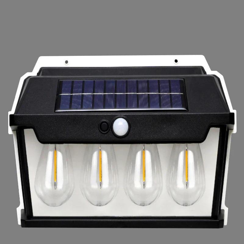 SolaraLux Solar Wandleuchte mit Bewegungsmelder | LED Filament Licht | Wasserdicht IP65 | 3 Modi | 500 Lumen | Warmweiß