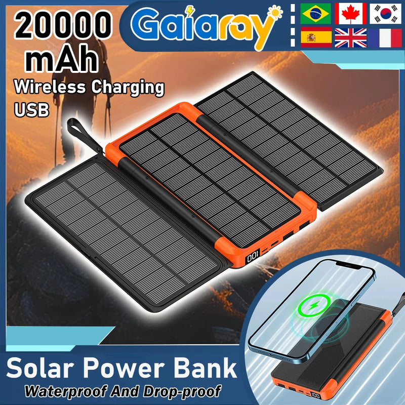 Solar Powerbank VoltMate Flip 15W | 10.000/20.000mAh | Kabelloses Qi-Laden | Solarpanel Klappbar | Wasserdicht & Stoßfest
