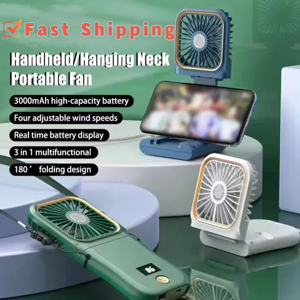 Airlio Faltbarer USB-Ventilator 3000mAh | 4-Stufen Luftkühler | Hand-, Tisch- & Halsventilator | Powerbank-Funktion | 180° Drehbar