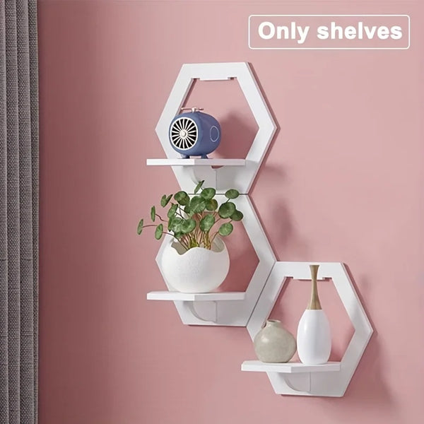 HexaWood Wandregal | Sechseck-Design | Weißes Holz | Bohrfrei