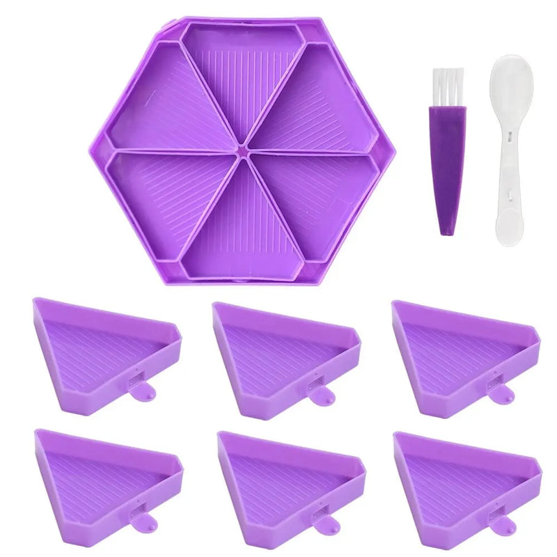 DiamantMeister 6-Fach Paletten-Set | Sechseckige Diamond-Painting-Schale | Organizer für Strass & Perlen | Inklusive Löffel & Bürste