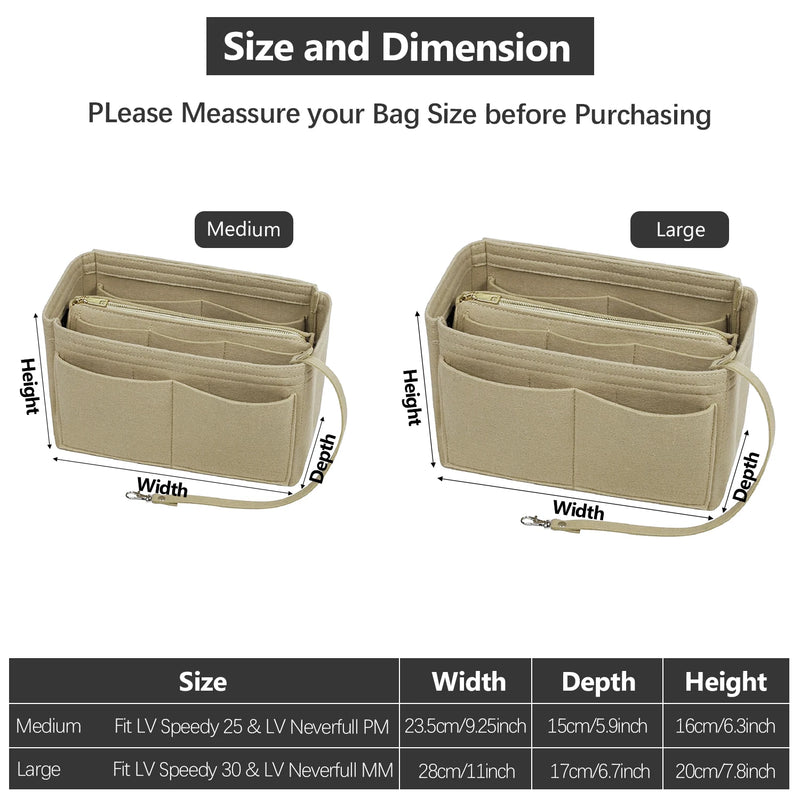 TaschenLuxe Organizer Inlay | Filz-Einsatz mit Reißverschluss | 15 Fächer & Schlüsselband | Für Handtaschen & Shopper