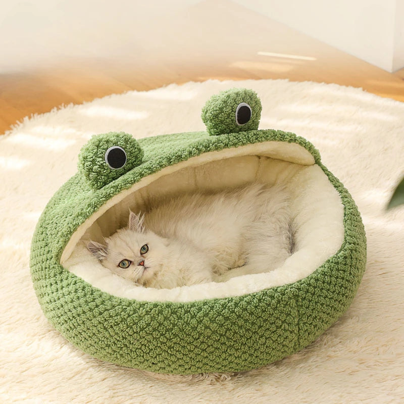Haustierhöhle FroggiHome | Kuscheliges Frosch-Design | Halbgeschlossen & Rund | 40–50 cm | Für Katzen & kleine Hunde