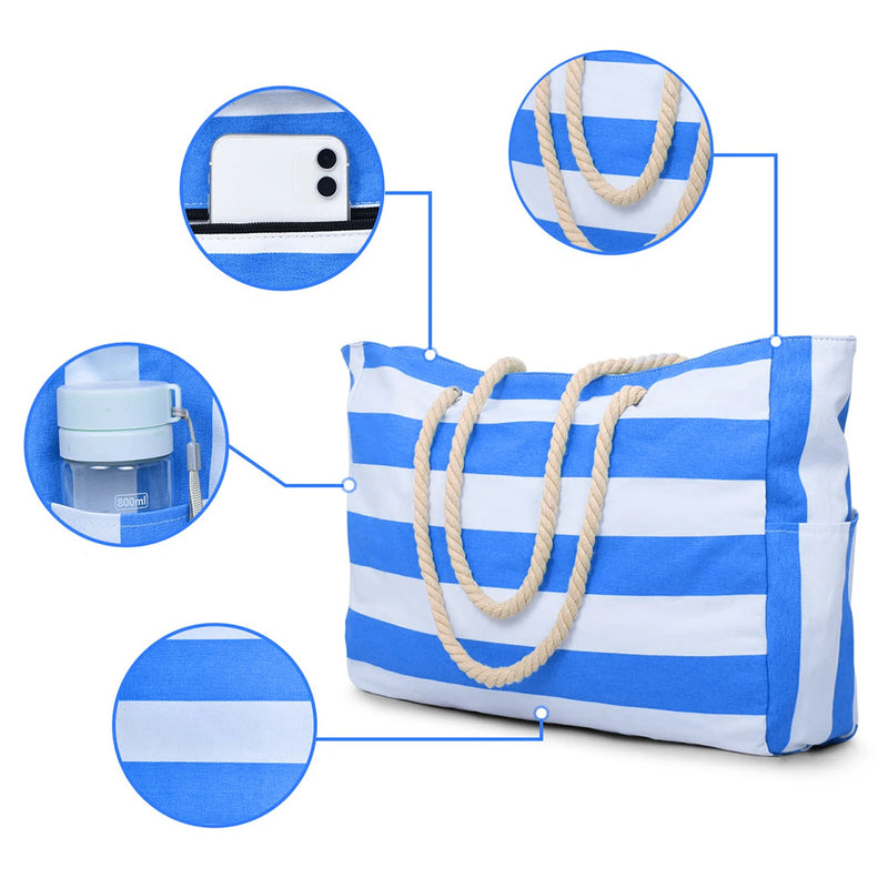 Marivalis Gestreifte Strandtasche mit Reißverschluss | Faltbar & Wasserdicht | Sandresistentes Canvas | Für Reise & Urlaub