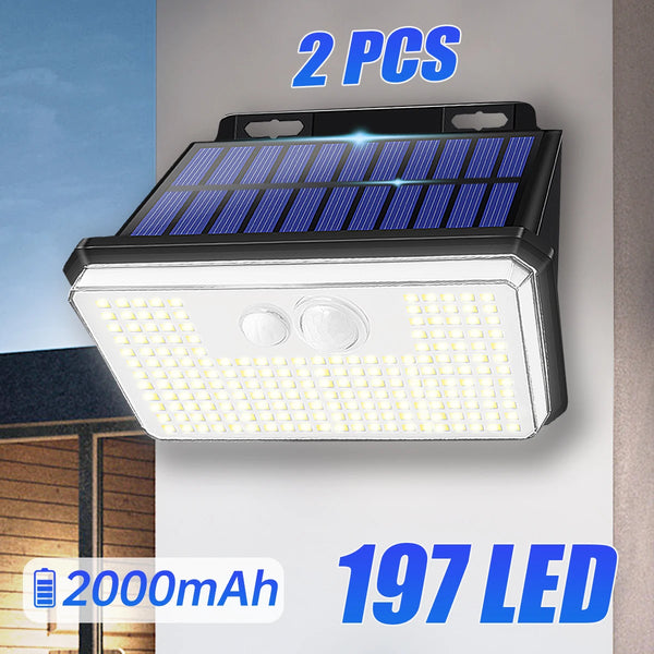 LumaSecure 197 Solar Wandleuchten Set | 2 Stück | 197 LEDs | 3 Modi | IP65 Wasserdicht | Bewegungsmelder | Außenbeleuchtung für Garten, Hof & Terrasse