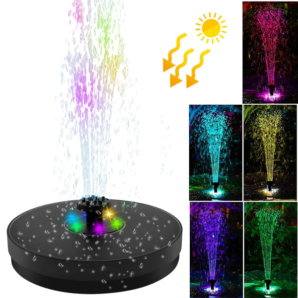 AquaLume Solar Spring | 3W Solarbrunnen mit LED Farbspiel | Bis 60 cm Fontänenhöhe | 7 Düsenaufsätze