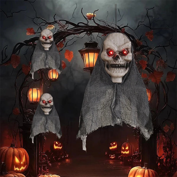 Halloween Deko GhostlyGlow | Hängender Geist mit Leucht-Schädel | Für Garten, Party & Haus