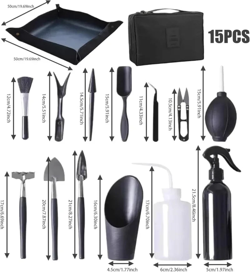 Florinza MicroGarden Set 15-teiliges Bonsai- & Sukkulenten Gartenwerkzeug-Set | Mit Tasche & Pflanzmatte | Für Umtopfen, Schneiden & Pflegen