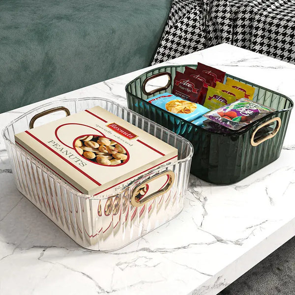 LuxOrganix Aufbewahrungsbox | Transparent mit Diamantstruktur | Goldgriffe & Offenes Design | 25x15x10 cm