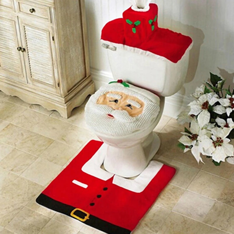 Noeliva | Weihnachts-Toilettenbezug Set | 3-teilig mit Santa Claus Design | Lustige WC-Deko mit Fußmatte & Spülkastenbezug | Weihnachtsdeko 2024