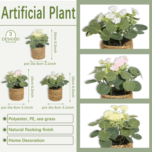 FloraNest Mini Kunstpflanze Eukalyptus mit Blüten | 11 cm | Im geflochtenen Korb | Hochwertige Deko aus PE-Material | Pflegeleichte Zimmerdekoration