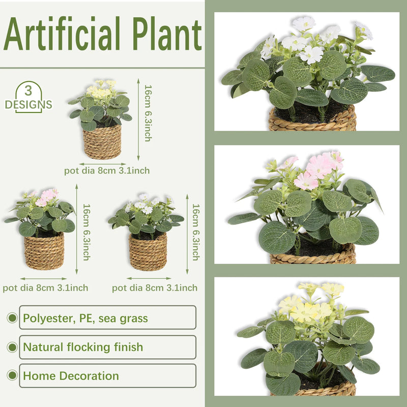 FloraNest Mini Kunstpflanze Eukalyptus mit Blüten | 11 cm | Im geflochtenen Korb | Hochwertige Deko aus PE-Material | Pflegeleichte Zimmerdekoration