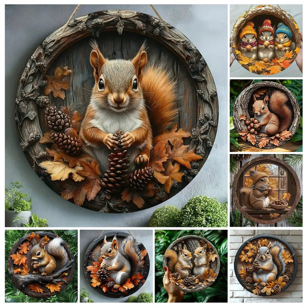 Holzschild AutumnTail | Rundes Willkommensschild mit Eichhörnchen-Motiv | 20–30 cm | Handgefertigte Herbst- & Winterdeko