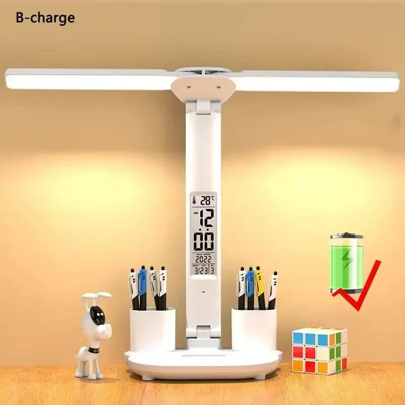 LED-Tischlampe LumiBreeze | Mit Ventilator, Uhr & 3 Lichtfarben | USB-Aufladbar | 3200 mAh Akku | Touch-Steuerung