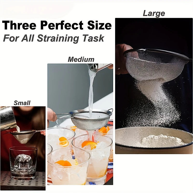 Edelstahl Küchensieb-Set ProSift MeshLine | 3-teilig | Feines Sieb für Mehl, Saft, Sojamilch & Pasta | 8/10/14 cm Durchmesser