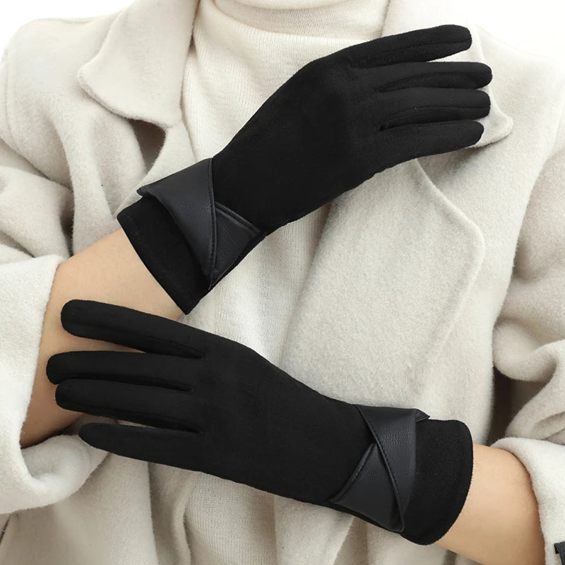 Velouré Damen Winterhandschuhe | Touchscreen-Handschuhe mit Schleife & Samtfutter | Warm, Elegant & Weich | Ideal für Alltag, Autofahren & Radfahren