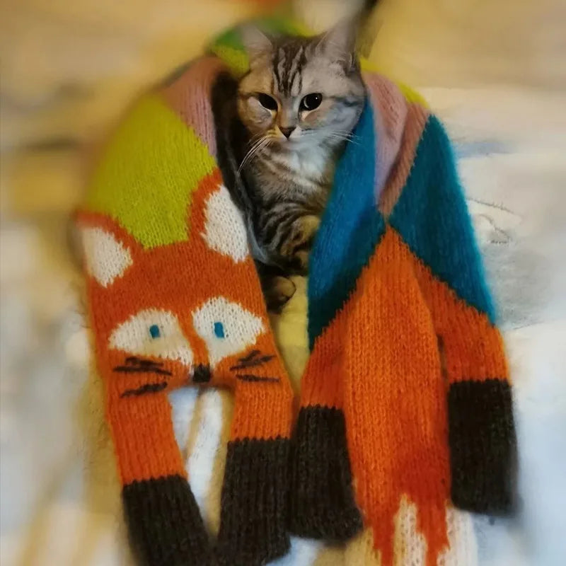 Strickschal FoxyHug | 120–145 cm | Weich & Warm | Niedliches Fuchsdesign für Damen & Kinder