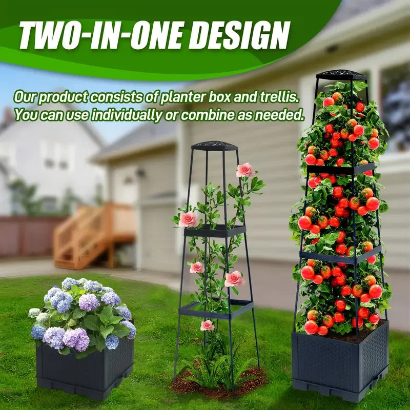 Climbura GrowTower Hochbeet Pflanzkasten mit Rankhilfe | 114 cm Höhe | Modulares Tomaten- & Gemüseturm-System | Mit Wasserreservoir