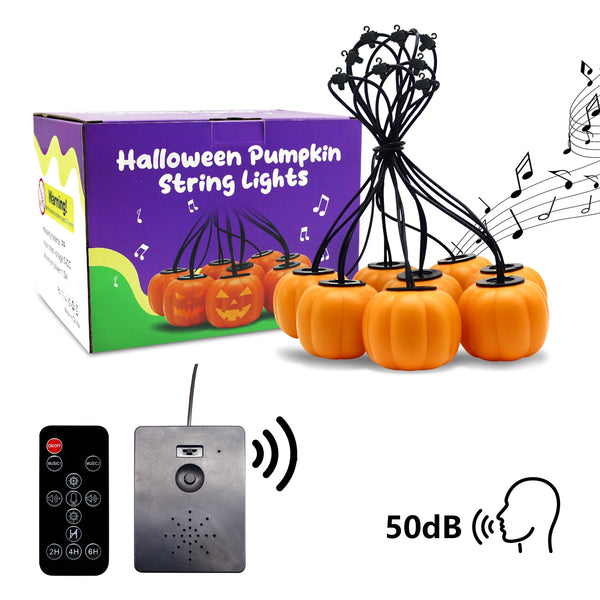 Halloween Lichterkette PumpkinPhantasm | 4,5 m | 8 Leuchtkürbisse mit Sound- & Musikmodus | Fernbedienung & Timer