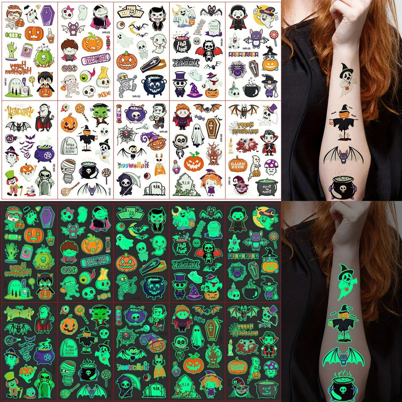 Leucht-Tattoos Kinder Halloween | Nachleuchtend | 125 Motive | Hautfreundlich
