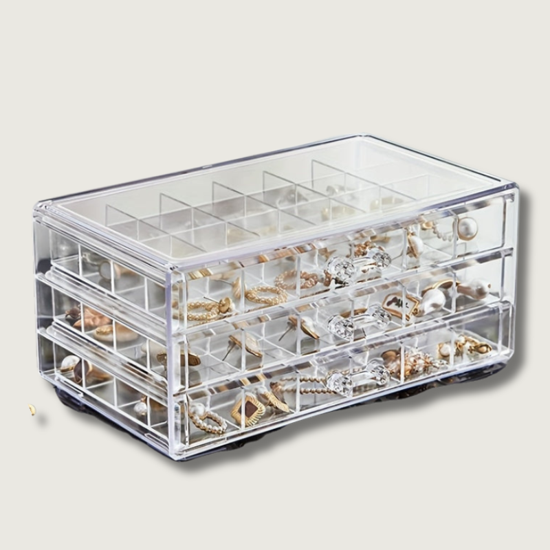 Schmuckbox CLARYSÉ 3-lagig | 72 Fächer | Transparenter Deckel | Organizer für Ringe, Ohrringe & Ketten | 30 x 20 x 8 cm