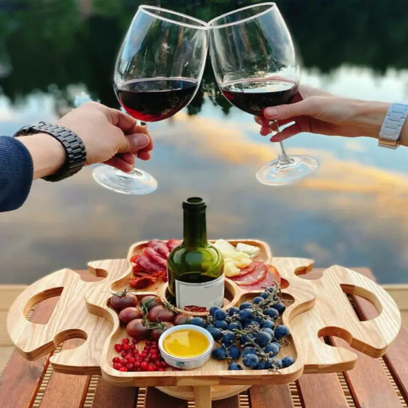 2-in-1 Outdoor-Tisch Frulino DuoTray | Faltbare Obstschale & Weinglashalter | Aus Holz | Tragbar & Elegant | Für Picknick & Garten