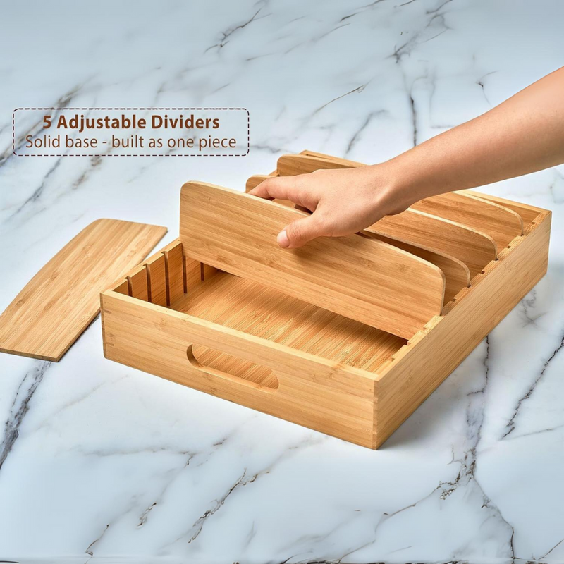 Lidello Bambus Deckel Organizer Küche | Verstellbare Fächer | Nachhaltig & Platzsparend | Bambus 30x28x9 cm