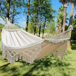 Boho-Hängematte Lunaria Breeze | Mit Pompons & Streifen | Baumwolle | Für 2 Personen | 43–54 kg Tragkraft