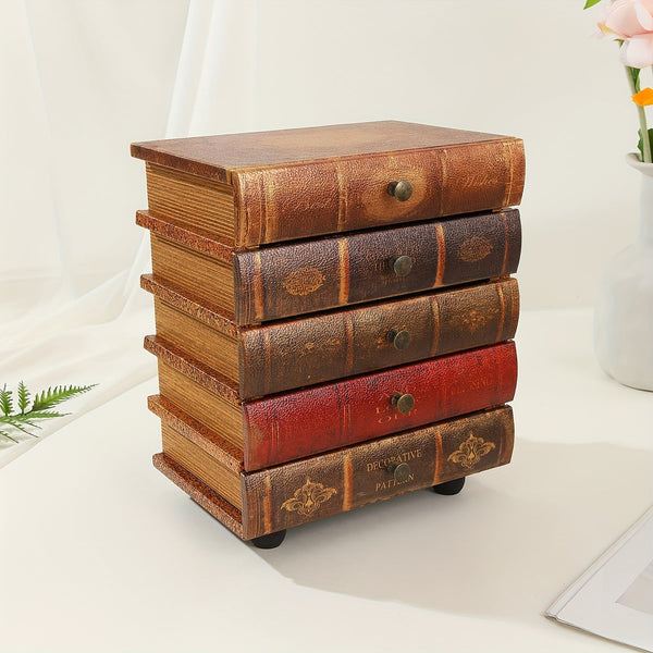 Holz-Schmuckbox Librovana | 5 Schubladen im Buch-Design | Vintage-Stil | Organizer für Schmuck & Sammlerstücke