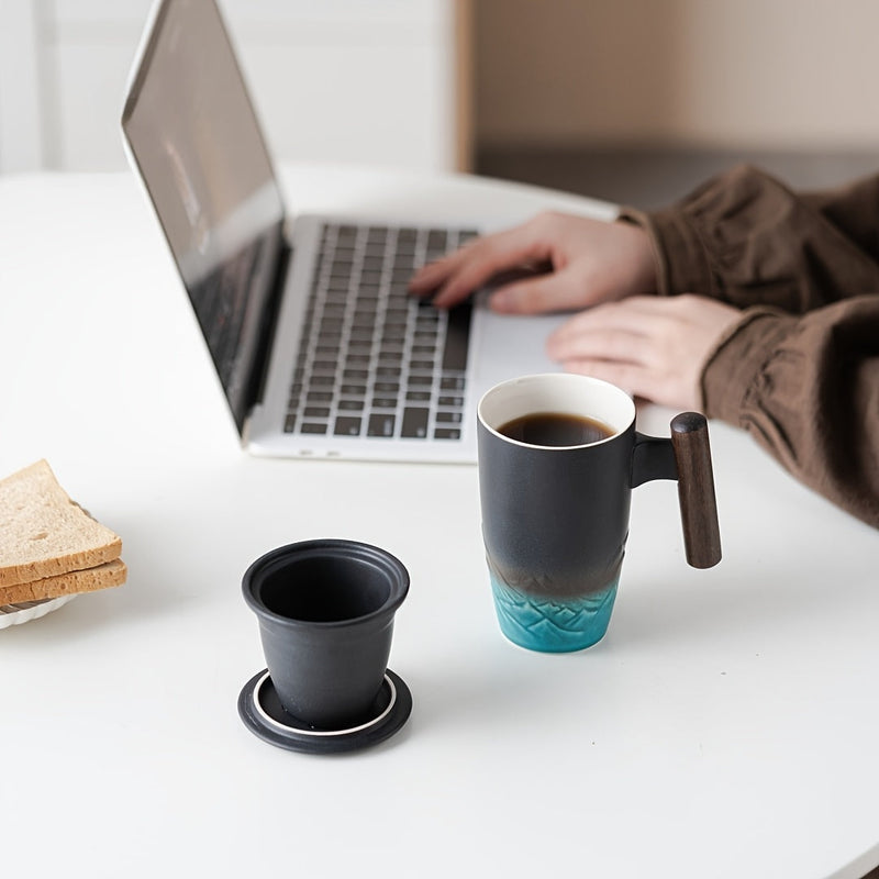 TeaCraft Keramik Tasse | Handgefertigt | Mit Teesieb & Holzgriff | Retro Design