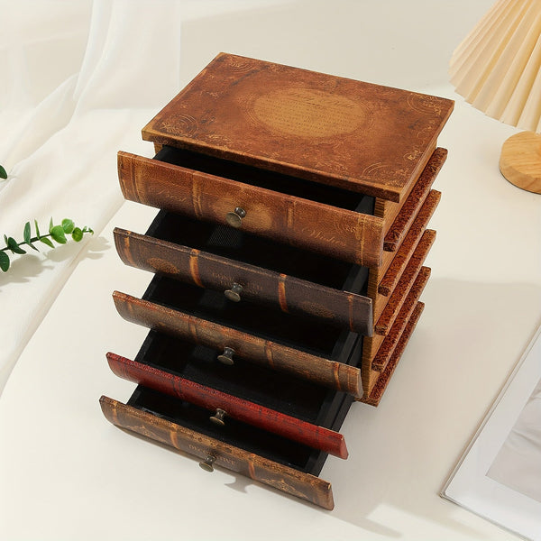 Holz-Schmuckbox Librovana | 5 Schubladen im Buch-Design | Vintage-Stil | Organizer für Schmuck & Sammlerstücke