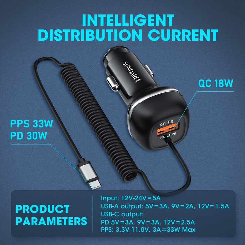 VoltionDrive Schnellladegerät für das Auto | USB-C & QC 3.0 | 51W Leistung | 3 Anschlüsse