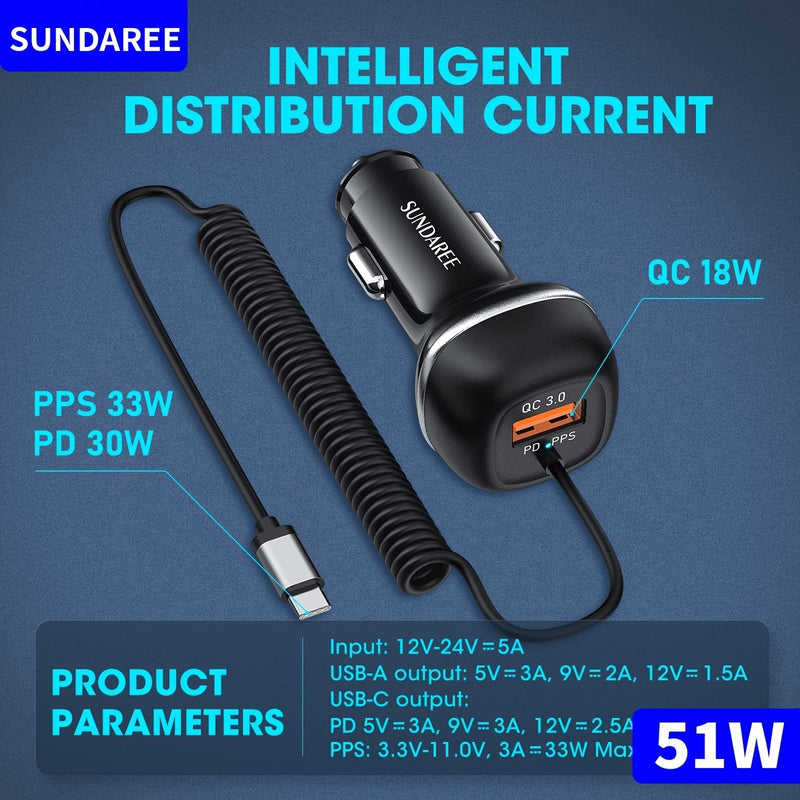 VoltionDrive Schnellladegerät für das Auto | USB-C & QC 3.0 | 51W Leistung | 3 Anschlüsse