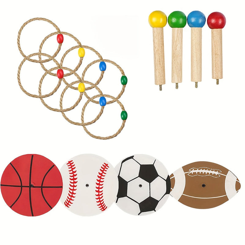Wurfspiel-Set PlaySport Toss12 | 12-teilig | Aus Holz & Hanfseil | Mit Sportmotiven | Für Outdoor & Familie