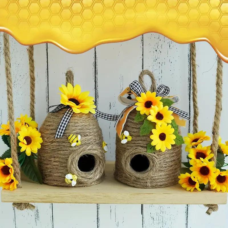 Florabee Hänge-Bienenhaus | Aus Naturhanf mit Sonnenblumendekor | Für Garten, Terrasse & Frühlingsdeko | Ohne Strom