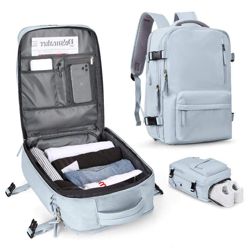 Travelliva Damen Reise-Rucksack 35 L | Wasserdicht & mit USB-Anschluss | Anti-Diebstahl & Schuhfach | Für Wandern, Alltag & Reisen