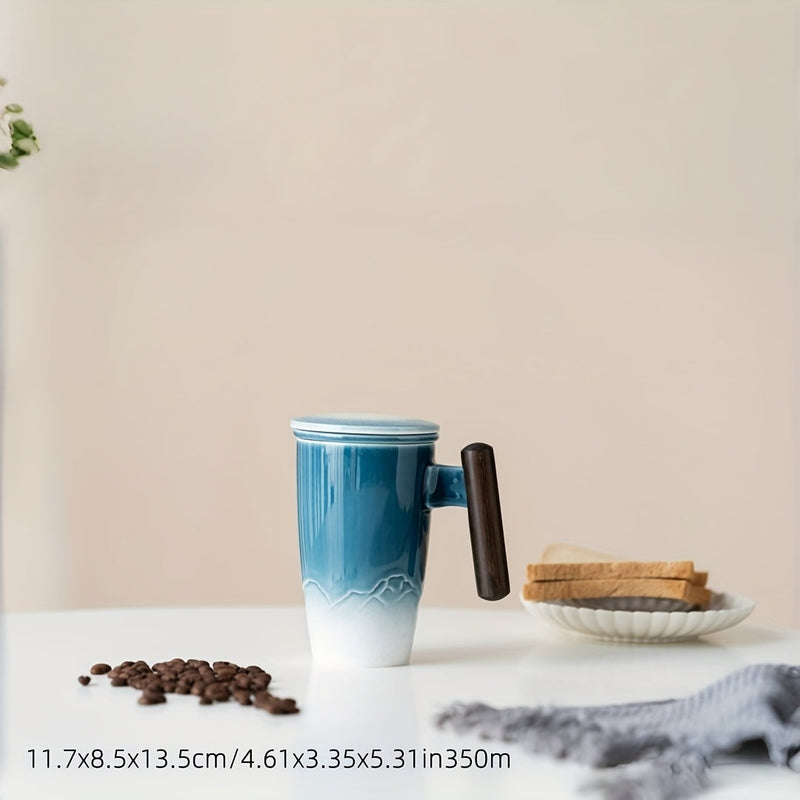 TeaCraft Keramik Tasse | Handgefertigt | Mit Teesieb & Holzgriff | Retro Design