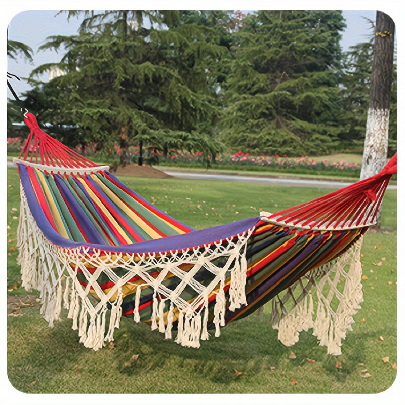 Boho-Hängematte Lunaria Breeze | Mit Pompons & Streifen | Baumwolle | Für 2 Personen | 43–54 kg Tragkraft