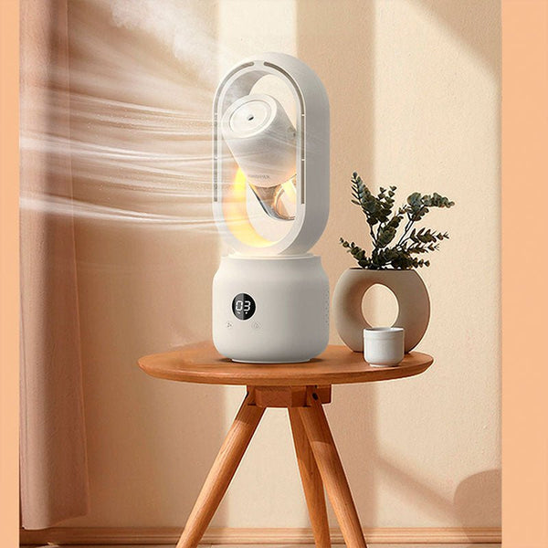 Bladeless Ventilator AeroBreeze Halo | Luftbefeuchter & Nachtlicht | 4000 mAh Akku | 3-in-1 Kühlung | 35 cm hoch